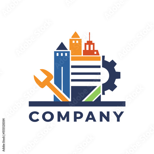 Modern construction and engineering company logo featuring city skyline