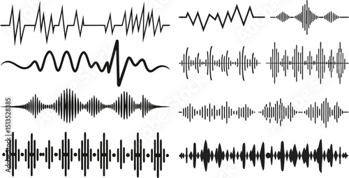 Black sound waves. Abstract music wave, radio signal frequency and digital voice visualization. Tune equalizer vector set. Monochrome volume audio lines, soundwaves rhythm