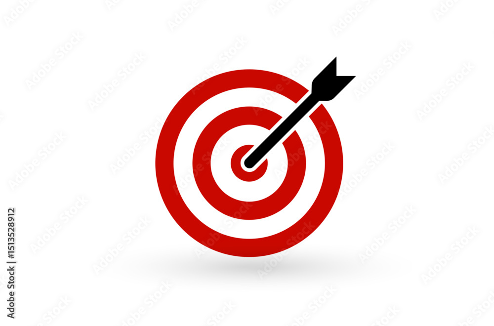 Arrow hitting red target symbolizes goal achievement, business focus, and strategic success. Ideal concept for marketing, planning, and winning ideas. Vector Illustration.