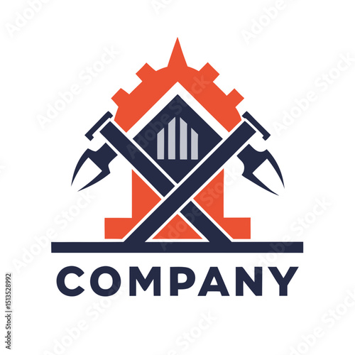 Abstract company logo design with gear, axes and building