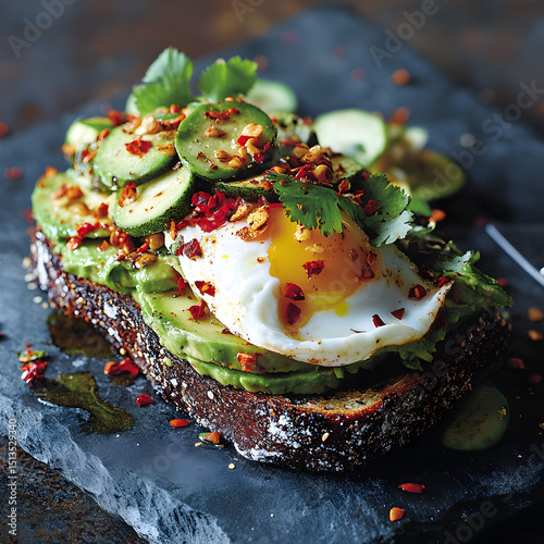 A Crunchy Avocado Toast with Poached Eggs and Chili