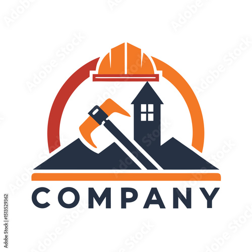 Construction company logo with helmet, pickaxe, house and hills