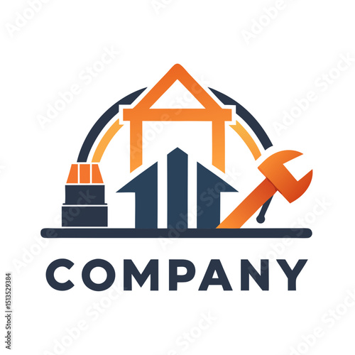 Construction company logo design with house and repair elements