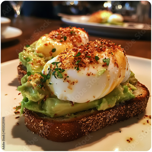A Crunchy Avocado Toast with Poached Eggs and Chili