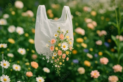 Plastic bag filled with blooming wildflowers