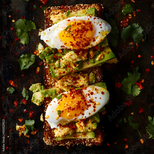 A Crunchy Avocado Toast with Poached Eggs and Chili