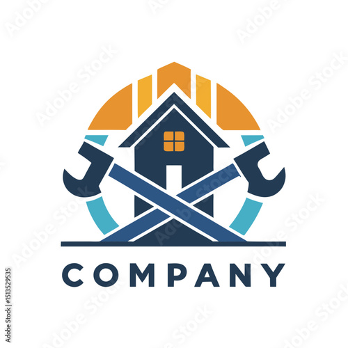 Home repair logo with crossed wrenches and sunset imagery