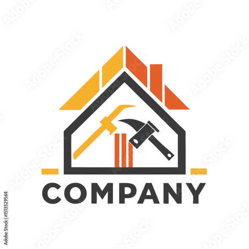Construction company logo with tools in a house silhouette