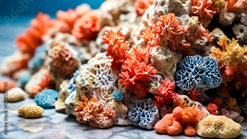 colorful sea corals on rough textured table, detail, close up, isolated sea corals blue background