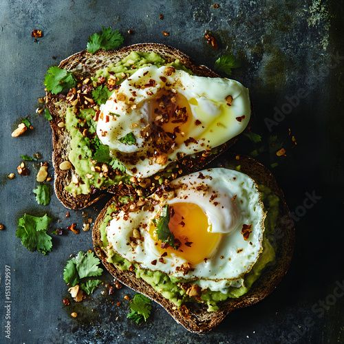A Crunchy Avocado Toast with Poached Eggs and Chili