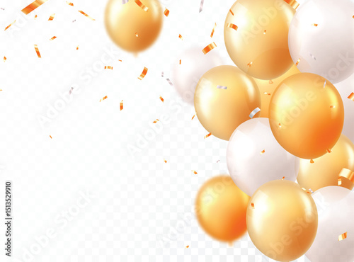 Celebration banner with yellow or orange confetti and balloons