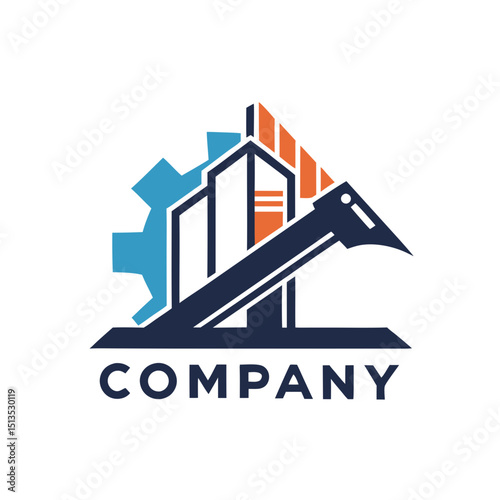 Modern logo with building construction, gear and arrow design