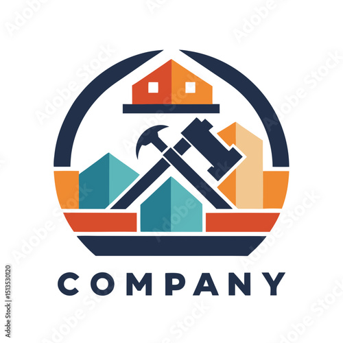 Construction company logo with house and tools illustration