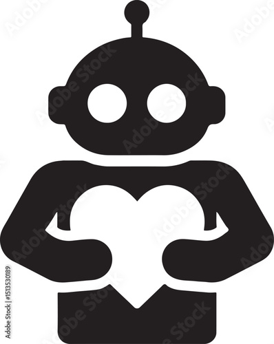 Silhouette of a robot holding a heart symbolizing AI with emotion in EPS vector format. Ideal for AI empathy, technology, and futuristic design.