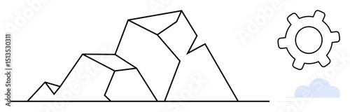 Abstract geometric mountains paired with a gear and cloud visualizing balance between nature, industry, and progress. Ideal for innovation, sustainability, eco-tech, growth, strategy, development