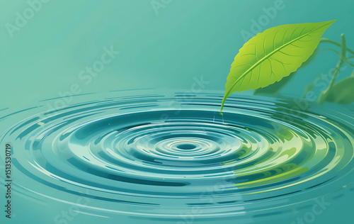 Vector flat art of green leaf and water ripple, bold lines, clean blue-green background.