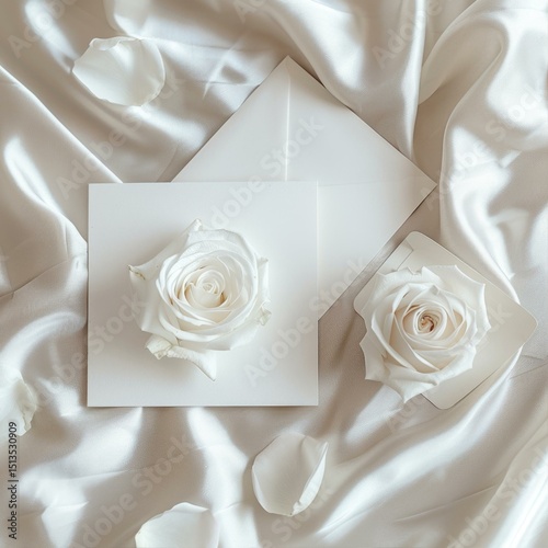 Elegant White Rose on Silk with Invitation Envelopes Subtle Beauty in Neutral Tone Serene Aesthetic