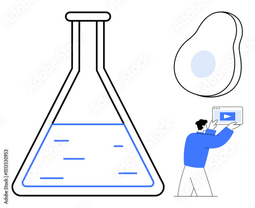 Man holding and presenting video content amid a laboratory flask filled with liquid and an abstract organic shape. Ideal for education, research, science, innovation, technology, marketing, teamwork