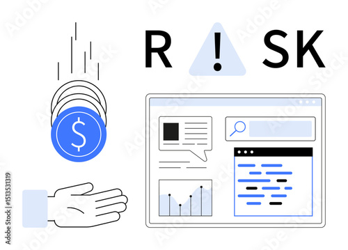 Coin stack falling into a hand, risk warning sign, and analytics screen with graphs, charts, and data. Ideal for finance, investment, business strategy, risk assessment planning entrepreneurship