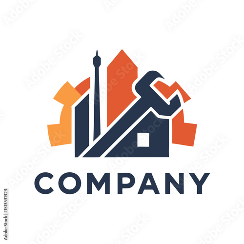 Construction and repair logo design with cogwheel and tools