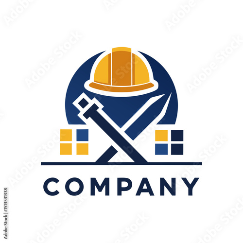 Construction company logo with safety helmet and crossed tools