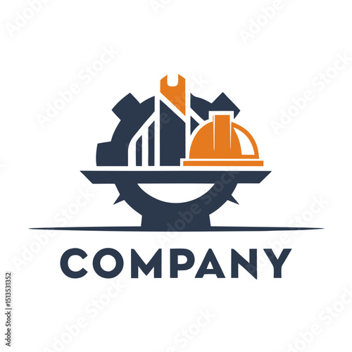 Construction firm logo featuring gear and protective helmet