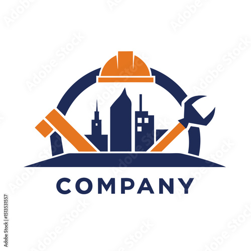 Construction company logo concept featuring cityscape and tools