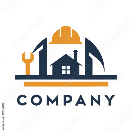 Construction company logo design with house and tools icon