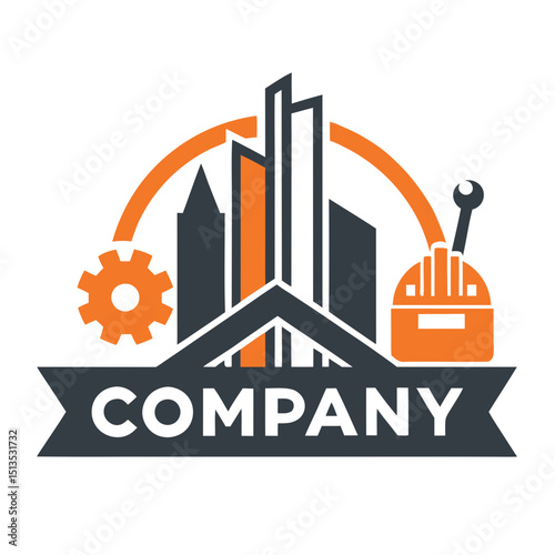 Construction Company Logo with Abstract Building and Gear Icon