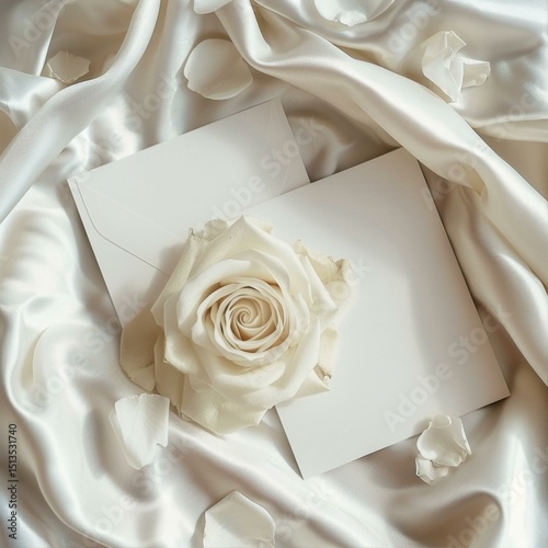 Ivory Rose Resting Elegantly on White Envelope and Luxurious Silky Fabric Surface for Elegant Announcement