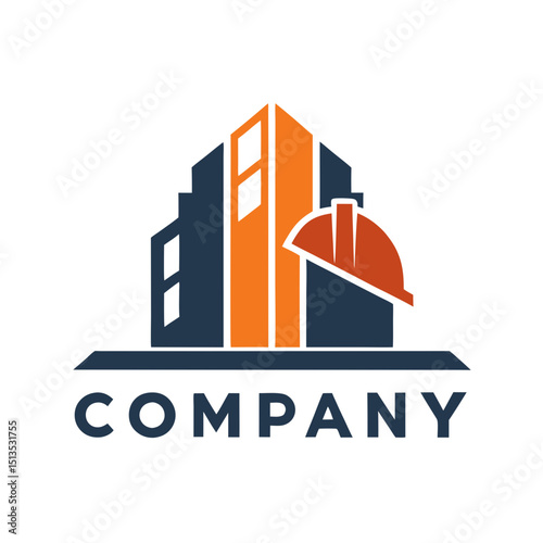 Construction Company Logo Design with Building and Hard Hat