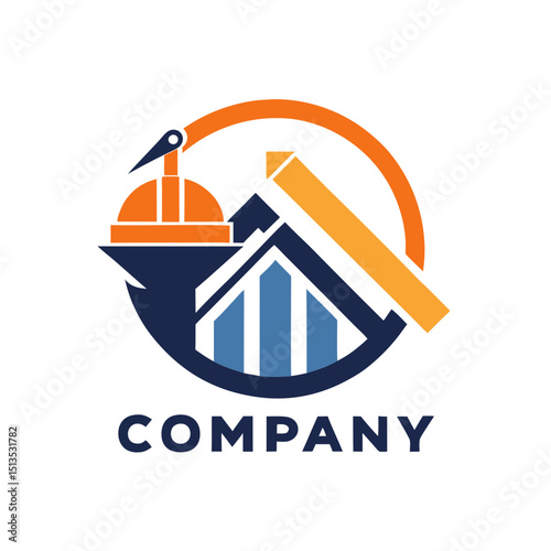 Construction company logo design with crane and building icon
