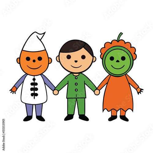 Kids in fun Halloween costumes hold hands in a line, smiling and celebrating together—witches, ghosts, superheroes, and pumpkins spreading spooky joy!
