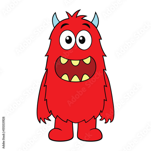 A playful red monster cartoon with big eyes, tiny horns, sharp teeth, and a goofy grin—full of energy and charm, perfect for kids’ designs and fun illustrations.
