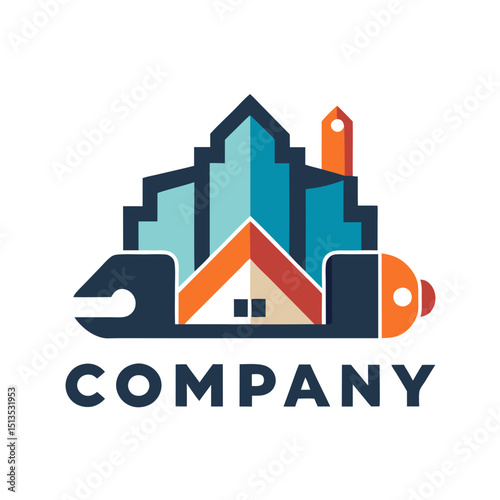 Creative Construction Company Logo Featuring a Cityscape and House