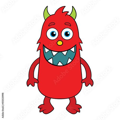 A playful red monster cartoon with big eyes, tiny horns, sharp teeth, and a goofy grin—full of energy and charm, perfect for kids’ designs and fun illustrations.
