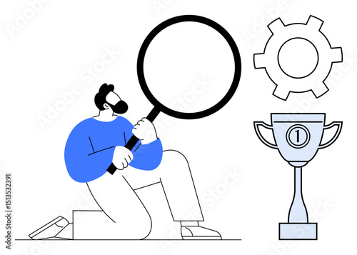 Man holding magnifying glass for examination near gear and trophy representing success and solution. Ideal for research, teamwork, goal setting, analysis, innovation, personal growth, and a simple