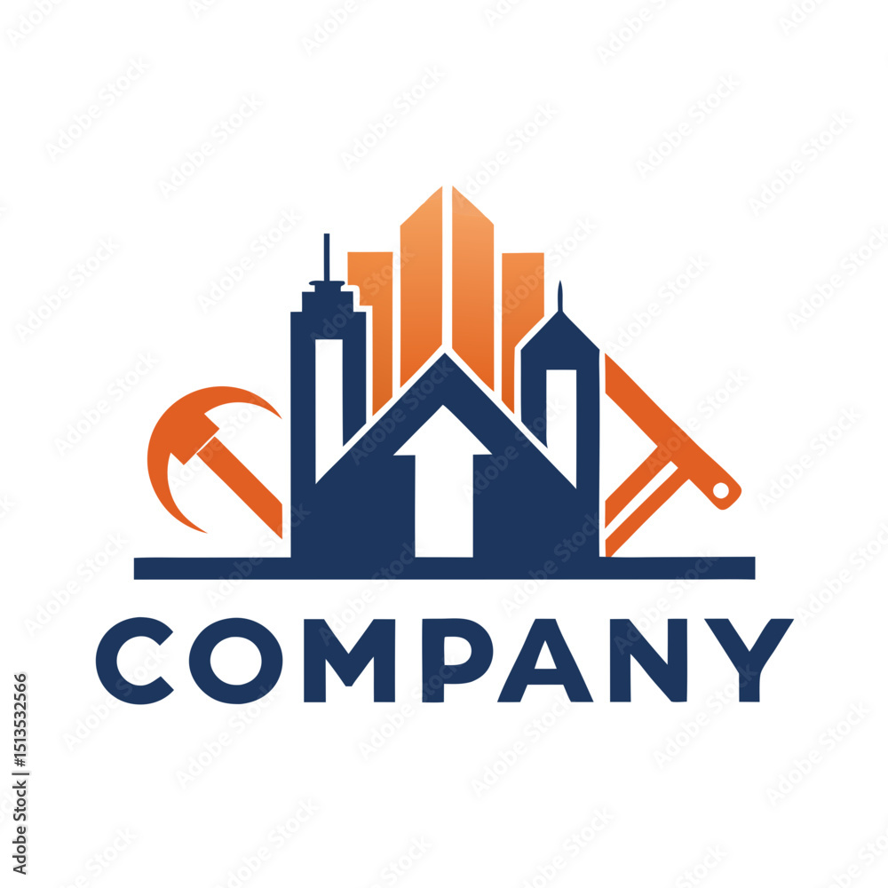 Fototapeta premium Construction company logo with buildings, tools and upward arrow