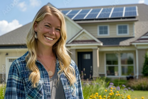Radiant Woman with Solar Panels on House Roof Promotes Clean Energy and Sustainable Living Lifestyle