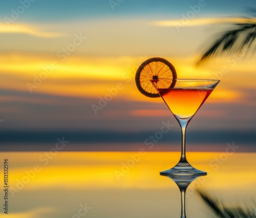Refreshing Cocktail with Orange Slice Against a Vivid Sunset in a Tropical Paradise Setting