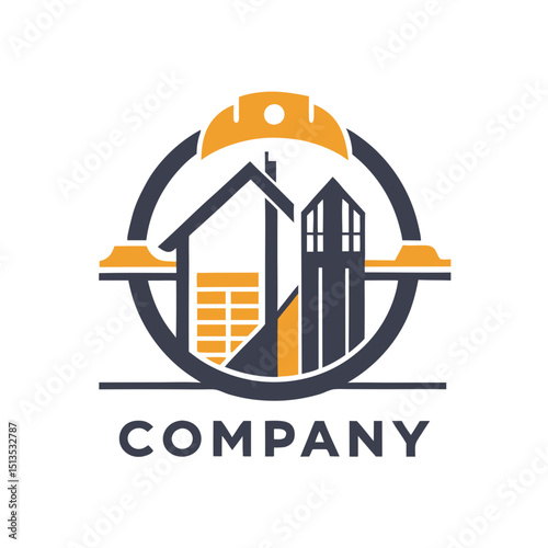 Construction company vector logo with building and safety helmet