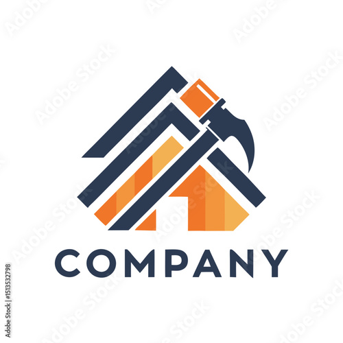 Abstract construction logo with hammer forming house structure graphic