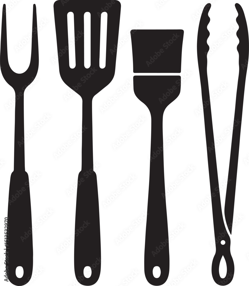 Fototapeta premium Barbecue Tool Icon Silhouette Set BBQ Utensils for Grill and Cooking Designs Vector Illustration.