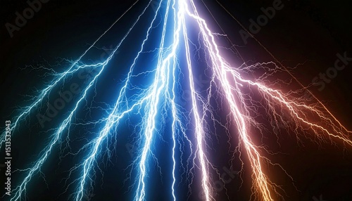 Abstract Blue and Orange Lightning Bolts Energy Discharge on Black Background