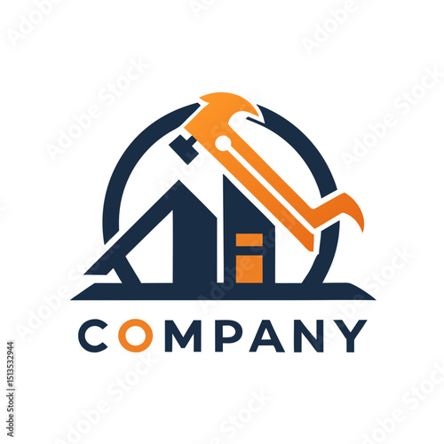 Home construction renovation logo with house and hammer graphic