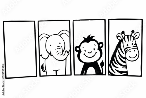 animals, cartoonish, friendly, thick outlines, no color