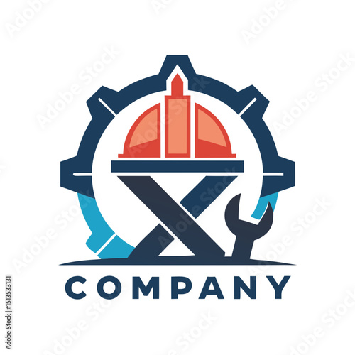Mechanical service logo with gear construction and crossed tools