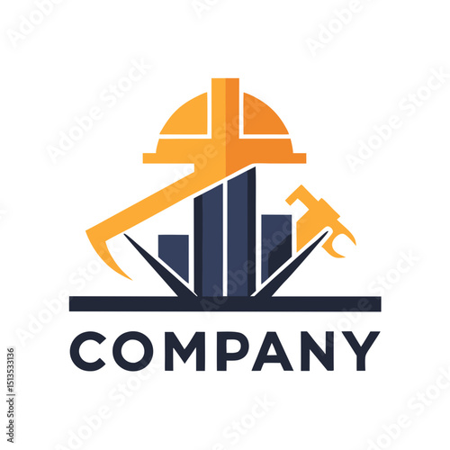 Construction company logo with hard hat and cityscape silhouette