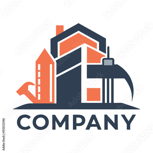 Abstract construction company logo featuring tools and building shapes