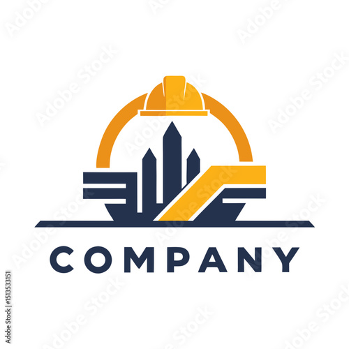 Construction logo with building silhouette and helmet graphic